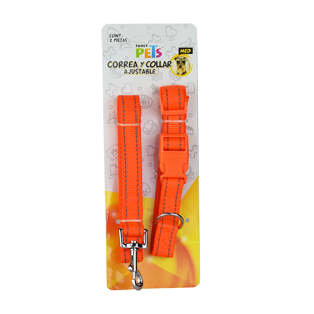 Juego collar-correa nylon bandas reflejantes mediano